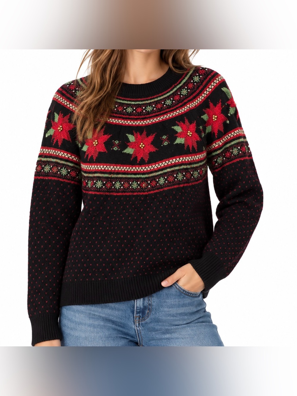Vintage-Inspired Holiday Time Christmas Poinsettia Fair Isle Sweater XL 16-18